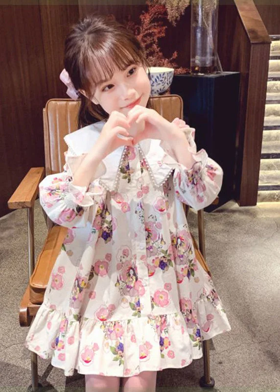 Handmade Apricot Print Nail Bead Girls Mid Dress Long Sleeve SS1044