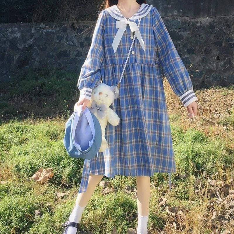 Harajuku Navy Collar Plaid Dress