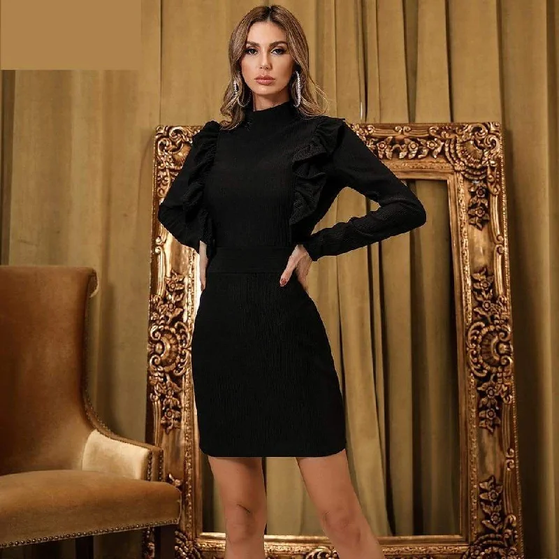 High Neck Long Sleeve Polyester Mini Dress with Ruffles for Women