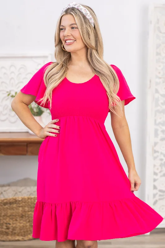 Hot Pink Scoop Neck Smocking Woven Dress