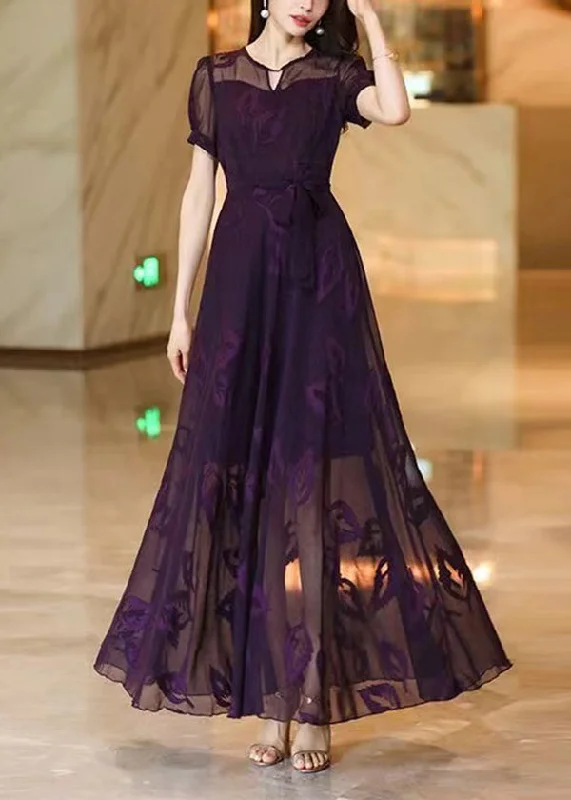 Italian Purple Embroidered Lace Up Chiffon Maxi Dress Summer XX073