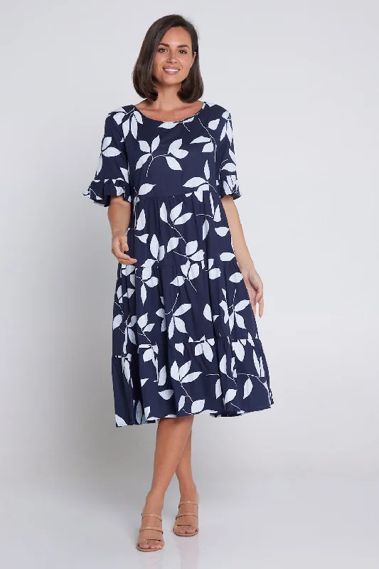 Jackson Linen Dress - Navy Leaf