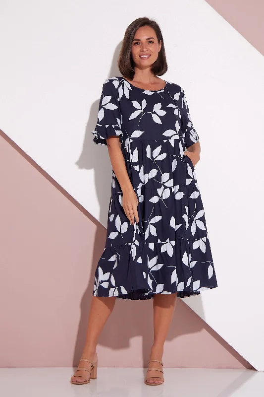 Jackson Linen Dress - Navy Leaf