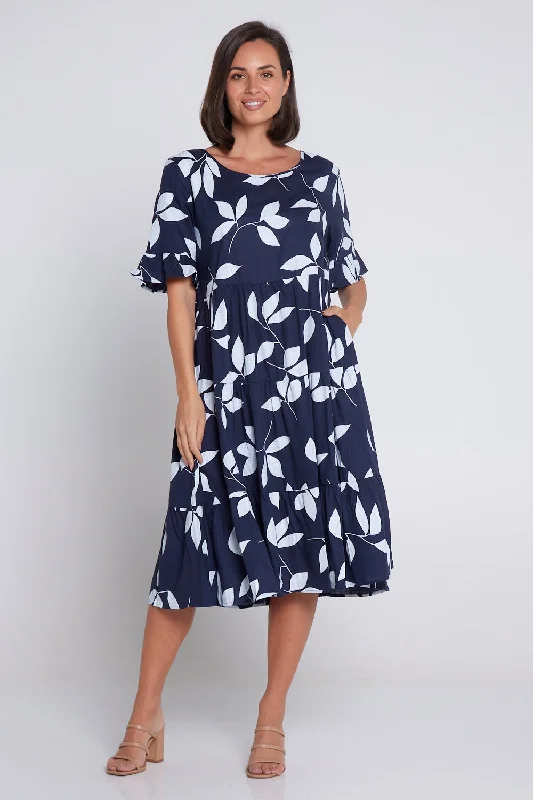 Jackson Linen Dress - Navy Leaf