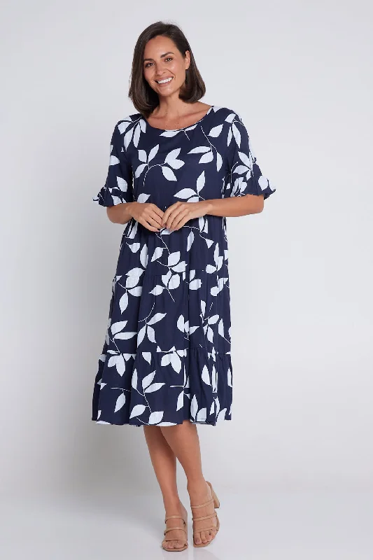 Jackson Linen Dress - Navy Leaf