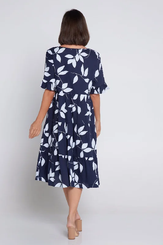 Jackson Linen Dress - Navy Leaf