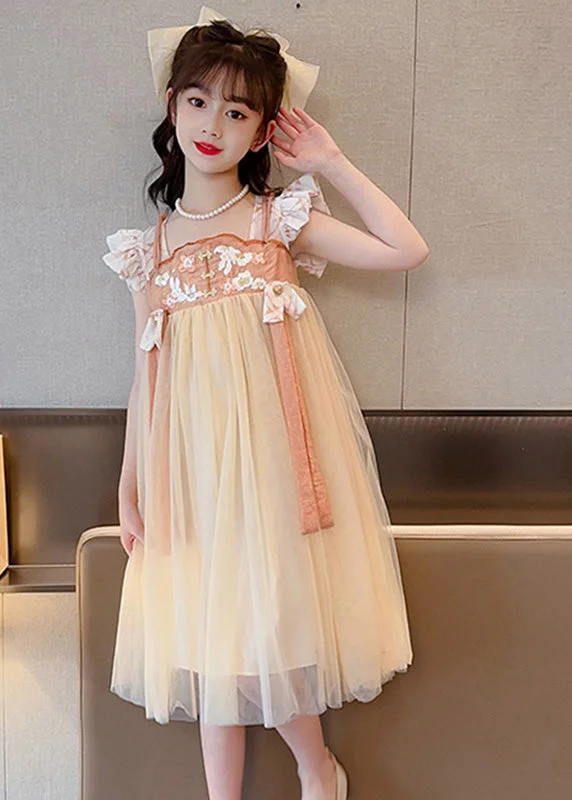 Light Yellow Square Collar Patchwork Tulle Girls Long Dresses Summer GF021