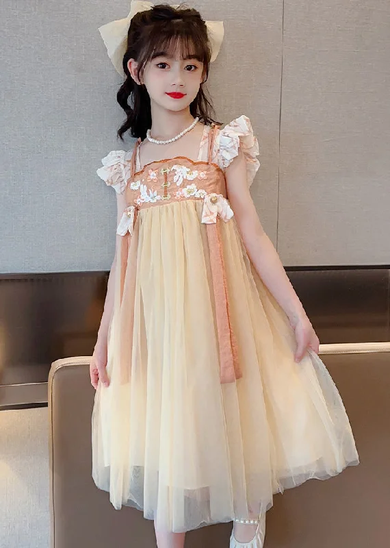 Light Yellow Square Collar Patchwork Tulle Girls Long Dresses Summer GF021