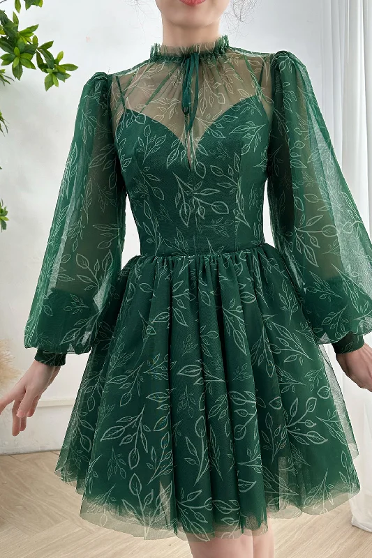 Long Sleeves Dark Green High Neck Floral Print Mini Dress