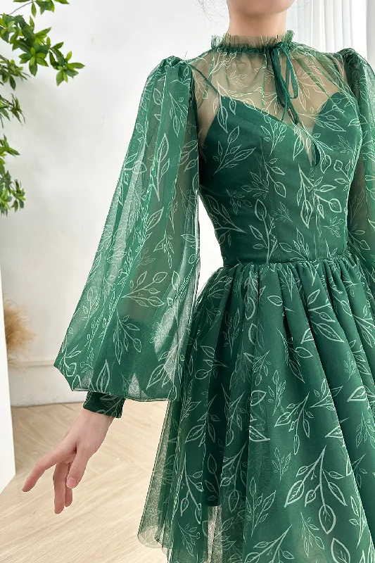 Long Sleeves Dark Green High Neck Floral Print Mini Dress