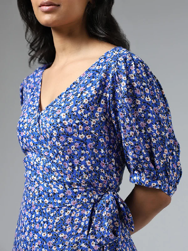 LOV Royal Blue Ditsy Floral Printed Wraparound Dress