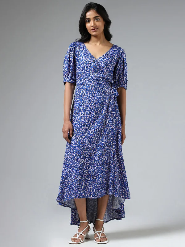 LOV Royal Blue Ditsy Floral Printed Wraparound Dress