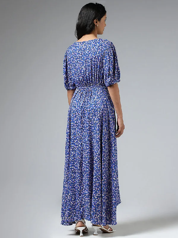 LOV Royal Blue Ditsy Floral Printed Wraparound Dress