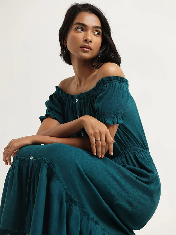 LOV Teal Off-Shoulder Blended Linen Midi Dress