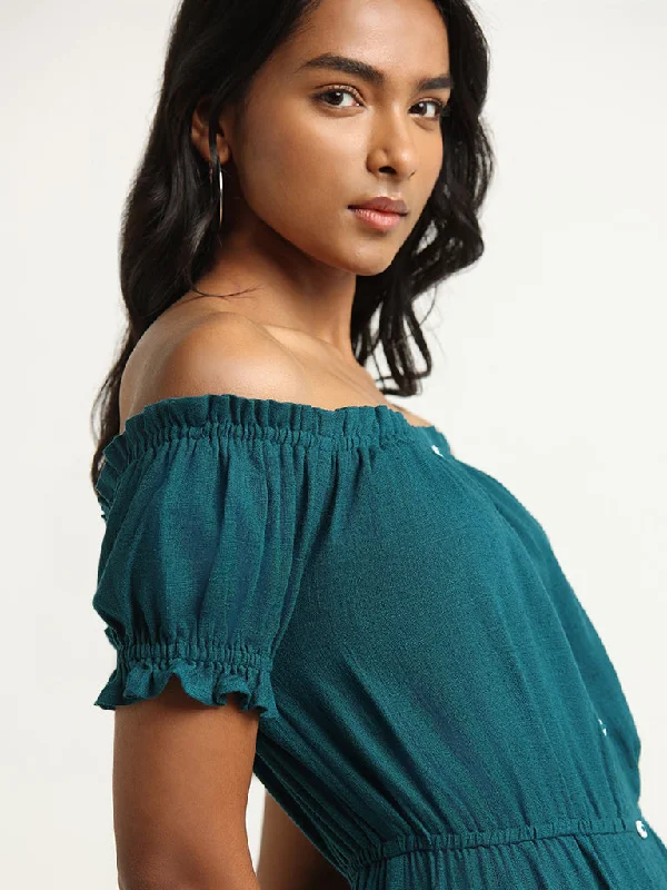 LOV Teal Off-Shoulder Blended Linen Midi Dress