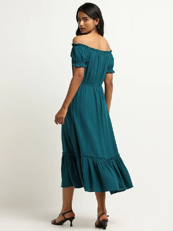 LOV Teal Off-Shoulder Blended Linen Midi Dress