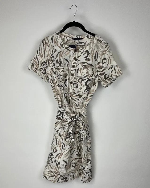 White And Brown Abstract Design Dress - Size 2