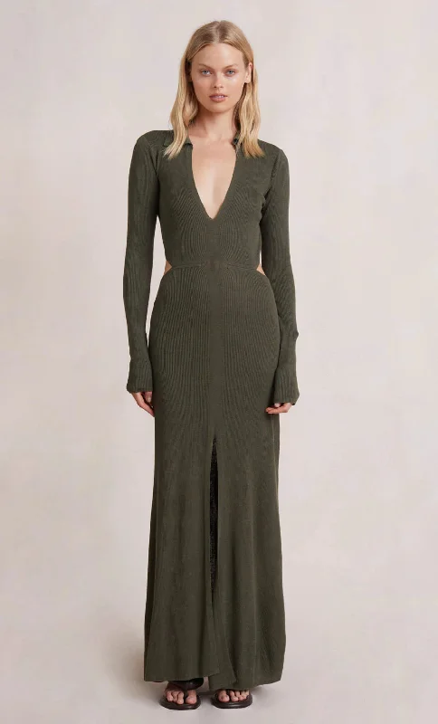 Mila Knit L/S Maxi Dress- Army