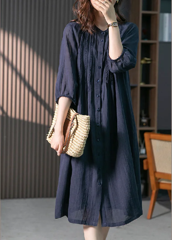 Momentlover Navy Wrinkled Solid Linen Long Dresses Long Sleeve LY1746