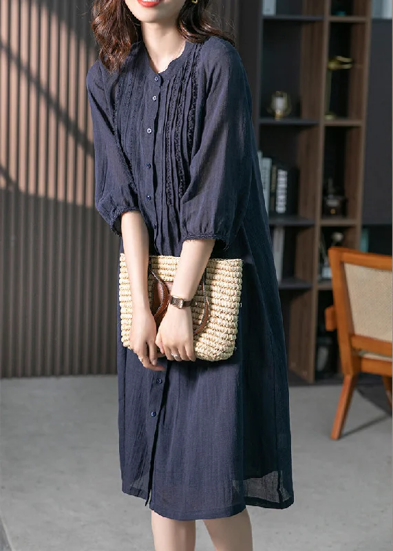 Momentlover Navy Wrinkled Solid Linen Long Dresses Long Sleeve LY1746