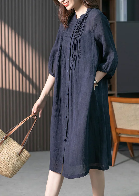 Momentlover Navy Wrinkled Solid Linen Long Dresses Long Sleeve LY1746