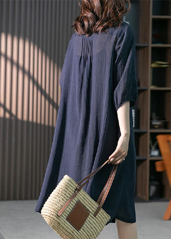 Momentlover Navy Wrinkled Solid Linen Long Dresses Long Sleeve LY1746