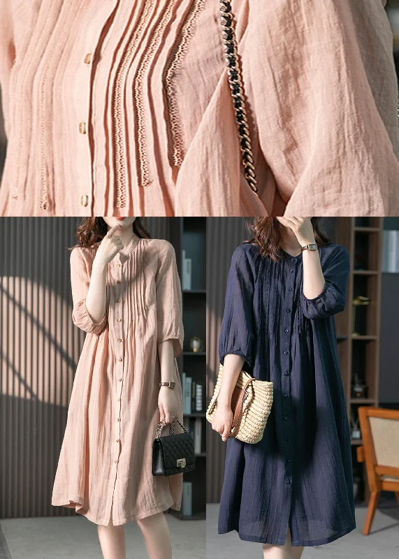 Momentlover Navy Wrinkled Solid Linen Long Dresses Long Sleeve LY1746