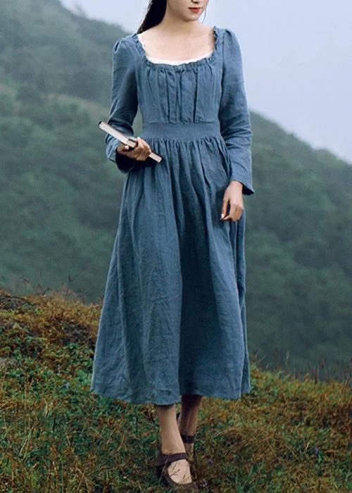 New Blue Square Collar Ruffled Linen Long Dresses Long Sleeve FF002