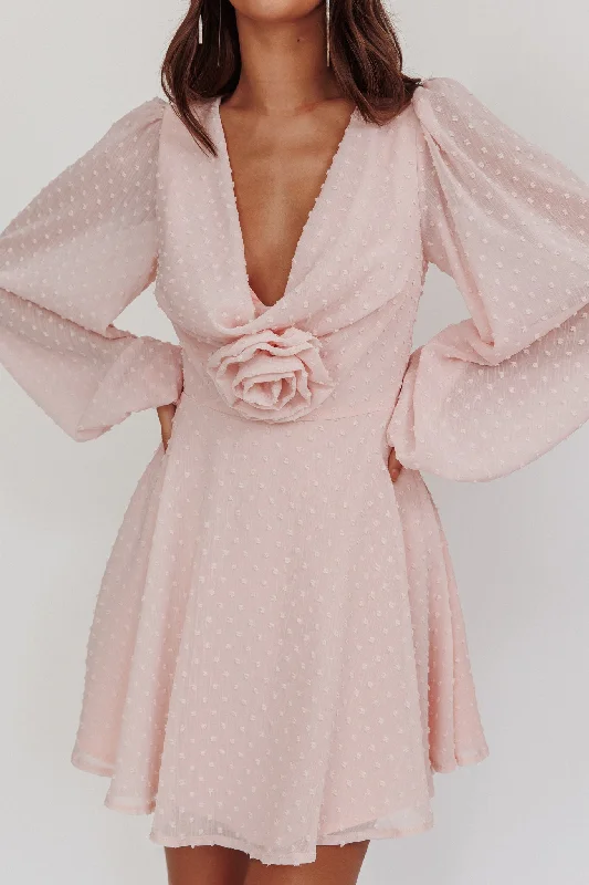 Open Heart Long Sleeve Rosette Mini Dress Baby Pink