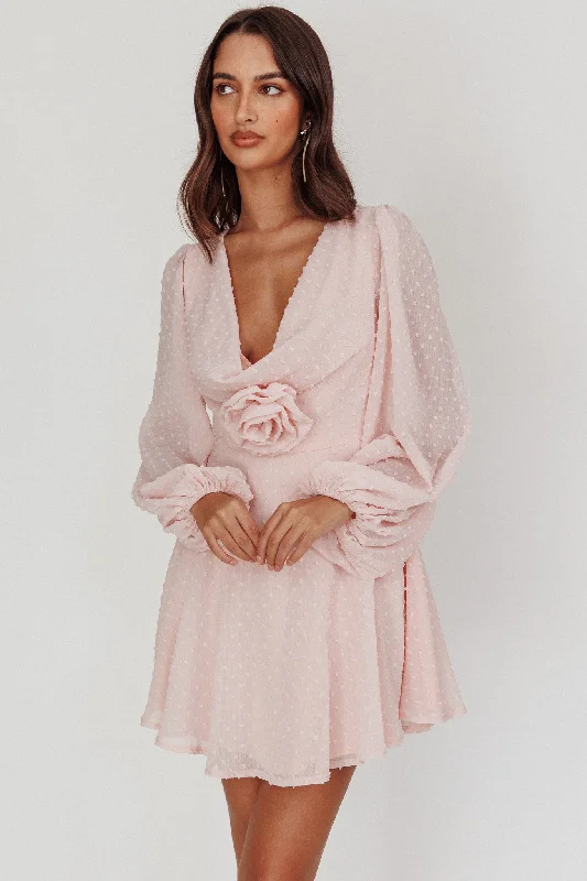 Open Heart Long Sleeve Rosette Mini Dress Baby Pink