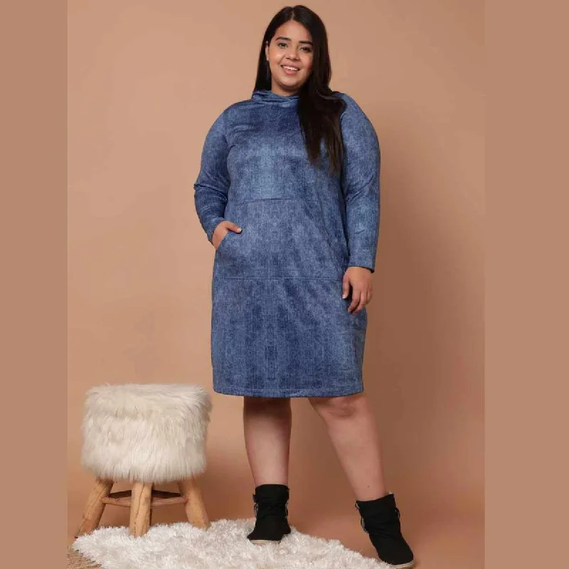 Plus Size Coldwashed Denim Printed Sweatshirt Hoodie Winter Dress