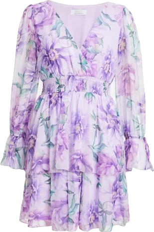 QUIZ  Lilac Chiffon Floral Tiered Long Sleeve Mini Dress UK 12