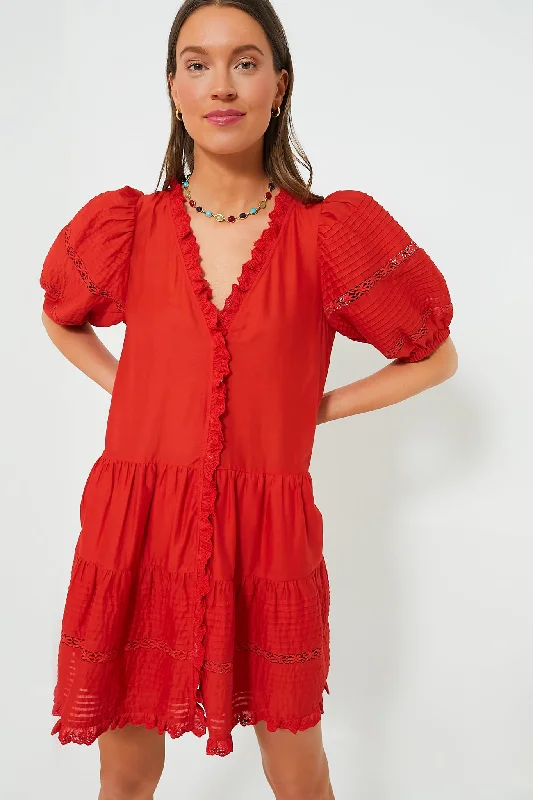 Red Antonina Solid Cotton Puff Sleeve Dress