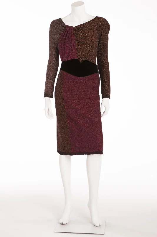 Sonia Rykiel - As Seen on the 2009 Runway Collection - Brown and Red Long Sleeve Metallic Dress with Belt - FR 38