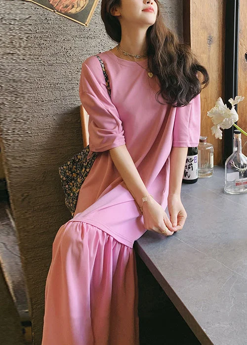 Style Pink O Neck Patchwork Cotton T Shirt Dresses Summer XX056