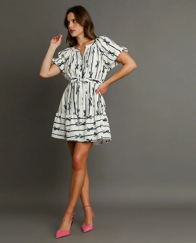 Bow Print Flutter Button-Down Mini Dress