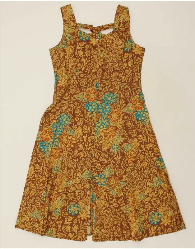 VINTAGE Womens Sleeveless A-Line Dress UK 12 Medium Brown Floral