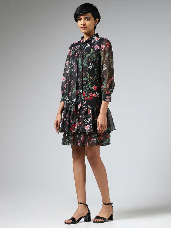 Wardrobe Black Floral Printed Layered Tiered Dress