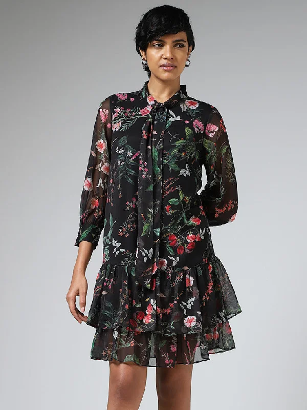 Wardrobe Black Floral Printed Layered Tiered Dress