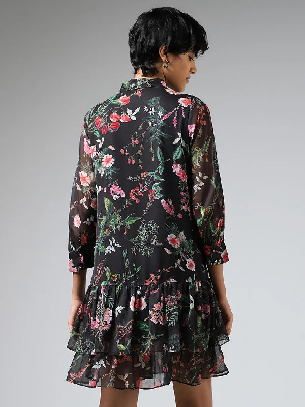 Wardrobe Black Floral Printed Layered Tiered Dress