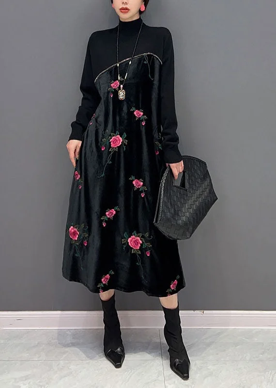 Momentlover Women Black High Neck Embroideried Knit Patchwork Silk Velour Dress Spring LY1659