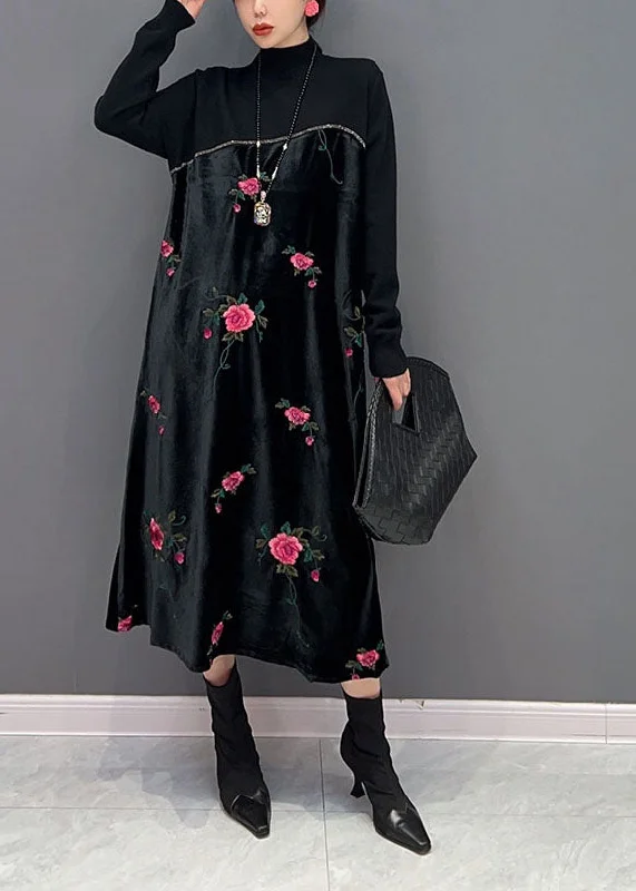 Momentlover Women Black High Neck Embroideried Knit Patchwork Silk Velour Dress Spring LY1659