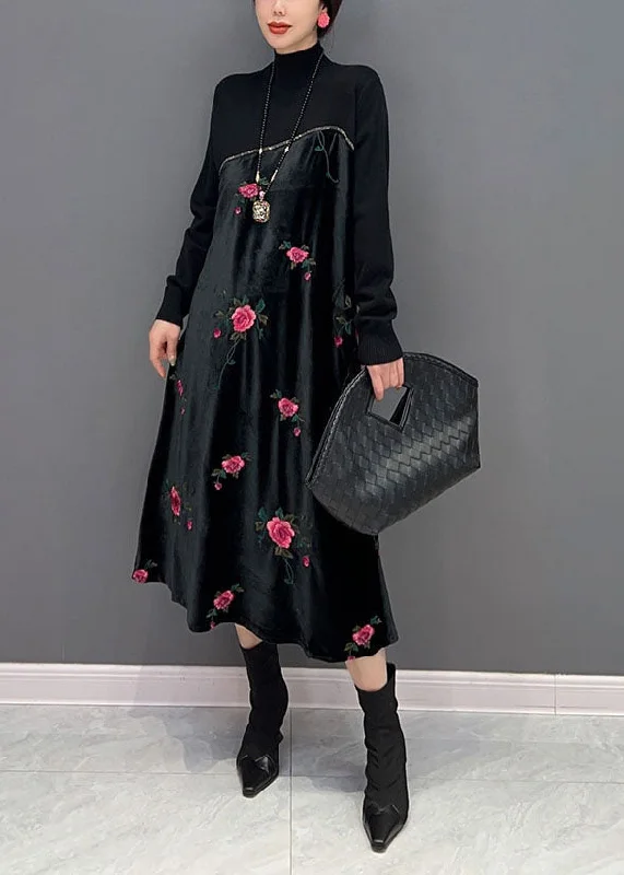 Momentlover Women Black High Neck Embroideried Knit Patchwork Silk Velour Dress Spring LY1659