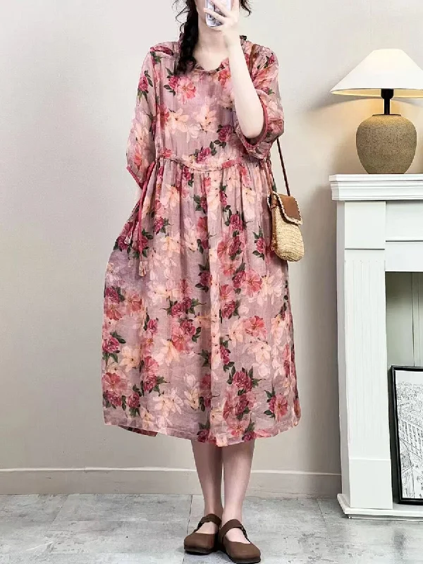 Women Summer Vintage Floral Strap Ramie Dress IO1016