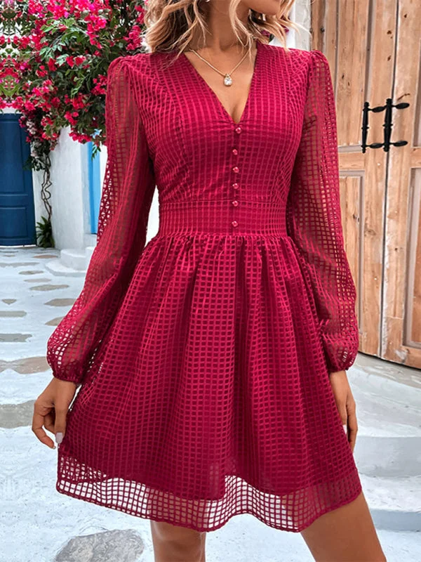 Women's V-Neck Hollow Design A-Line Dress With Long Sleeves