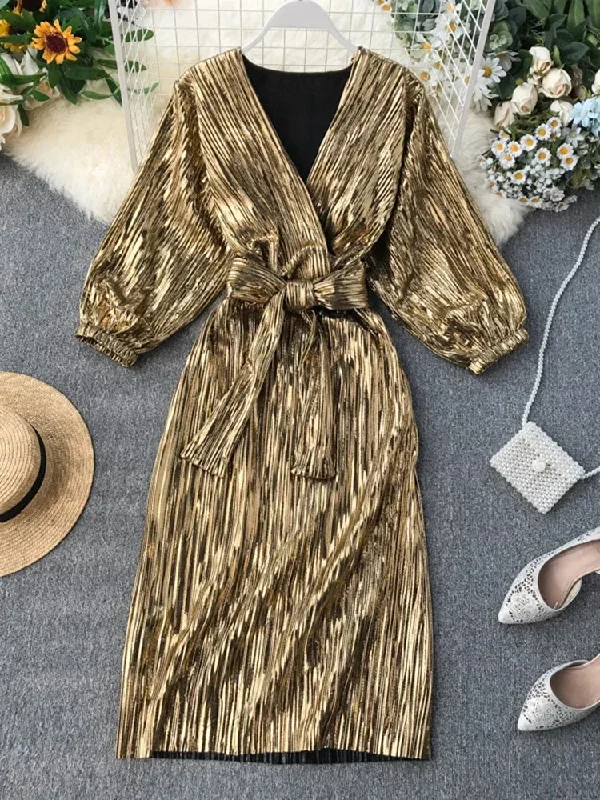 Znbbw Autumn Women's Party Dress Ins Temperament Vintage Waist Pleated Female Long Sleeve Sexy Dress GD226