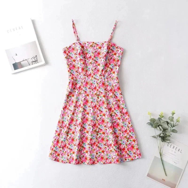 Znbbw Back Zipper Women Casual Beach Red Summer Dress Spaghetti Strap Cute Tube Mini Floral Backless Dress Boho New Sundress