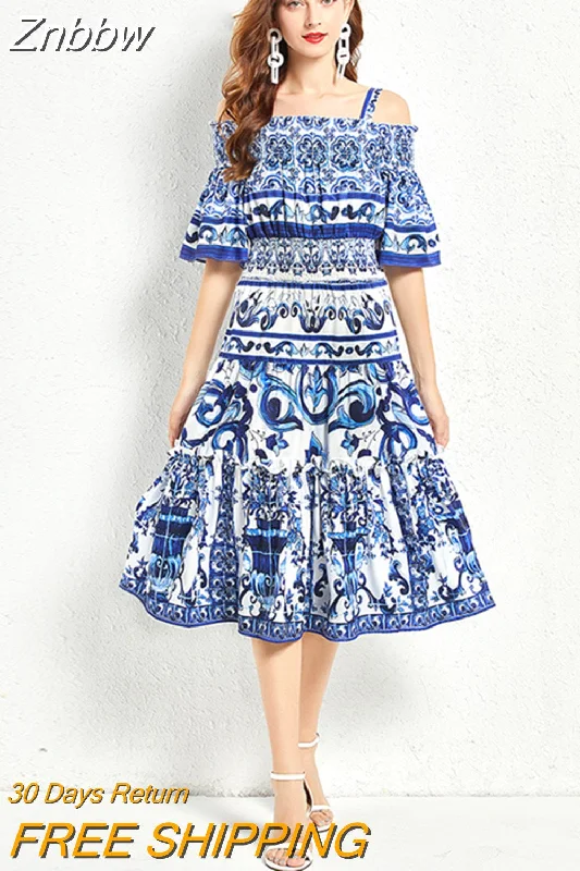 Znbbw Fashion Runway Midi Dress Women's Cool Shoulder Flare Sleeve Blue and White Porcelain Printing Holiday Beach Vestidos