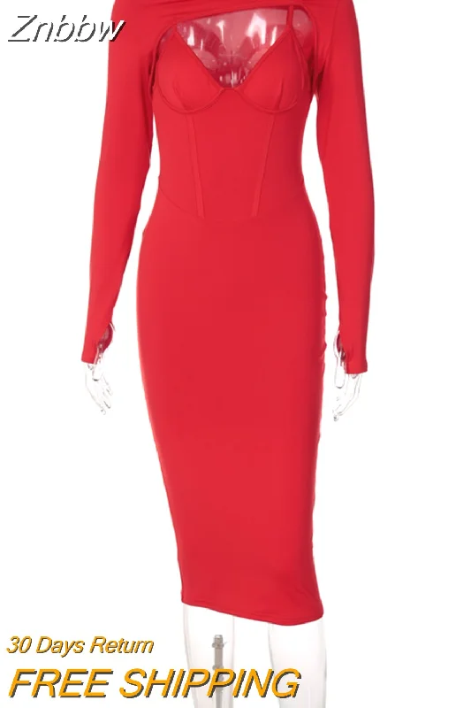 Znbbw Hollow Out Corset Women Fashion Autumn Winter Long Sleeve Bodycon Party Club Red Pencil Sexy Midi Dress 2023 Clothes