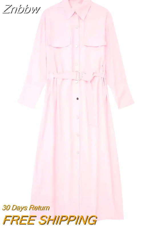 Znbbw TRAF Pink Shirt Dress Woman Belt Long Dress Women Midi Summer Dresses Woman 2023 Elegant Women Dresses